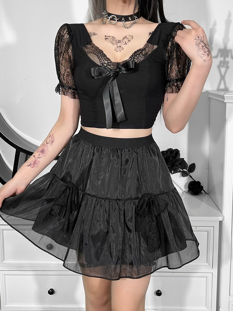 Helloween Big Sale Billlnai Gothic Lace Up Lolita Black Skirt Top Set Women Puff Sleeve Bandage Crop Tops Mesh Patchwork Sexy Mini Skirts 2Pcs Sets