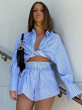 Thanksgiving Day Gifts Blue Striped Casual Shorts Set Women Autumn Long Sleeve Buttons Shirts Short Pants High Street 2 Piece Matching Outfits