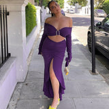 Black Friday Big Sales Sexy Cut Out Long Sleeve Purple Crop Top + Irregular Slit Ruched Maxi Skirt 2 Piece Sets Women 2023 Y2K Beach Party Club Outfits