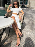 Black Friday Big Sales Solid White 2 Pieces Set Outfit Women Sexy Dress Set O-Neck Short Sleeve Crop Top Side Split High Waist Skirt Casual Streetwear