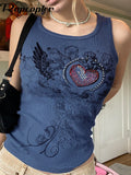 Billlnai  Y2k Printed Crop Top Knitted Diamonds Kawaii Grunge Tank Tops Fairycore Sleeveless Sweats Cute Mini Vest Women Retro