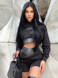 Cyber Monday Big Sales Fashion Long Sleeve Black Cropped Hoodies + Shorts 2 Piece Sets Women 2023 Autumn Casual High Street White Tracksuit Outifits
