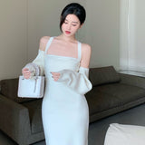 Billlnai  2023 White Elegant Knitted Two Pieces Set Women French Vintage Party Dress Suits Autumn  Y2k Cashmere Sweater + Midi Strap Dres