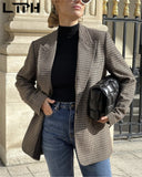 Billlnai Vintage Checked Blazer Women Splicing Plaid Jacket Advanced Temperament England Office Ladies Suit Coat 2023 Spring New