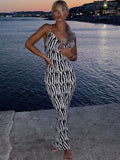 Backless Maxi Dress Summer Women Elegant Zebra Print Strap Slim Dresses Long Sexy Sleeveless Club Party Beach Dress 2023 Outfits