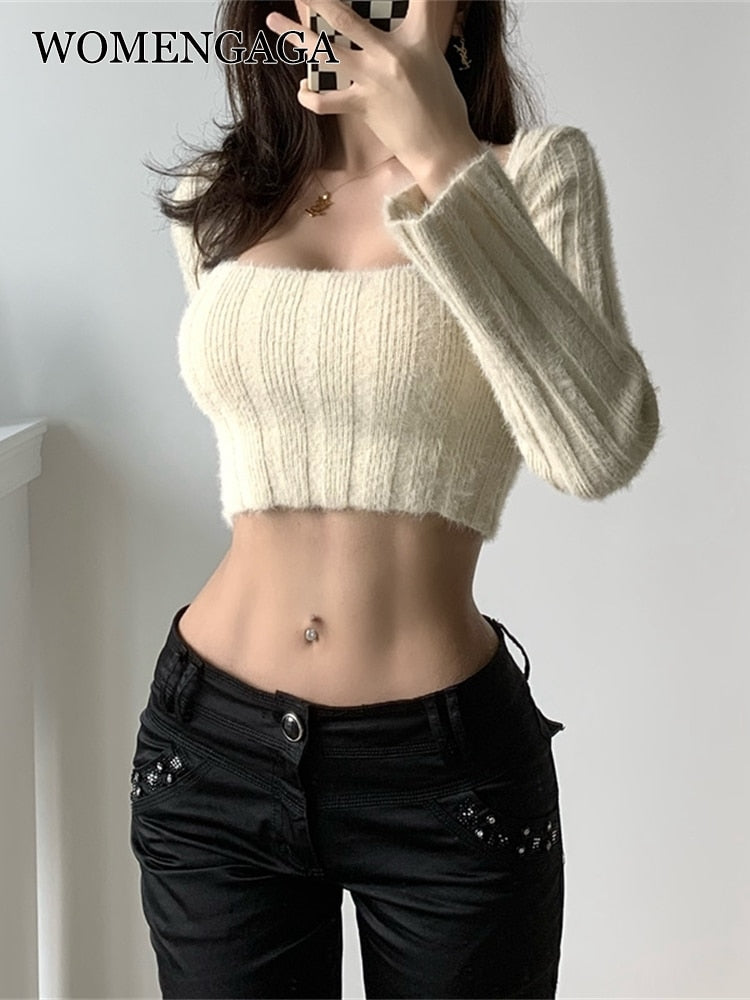 Billlnai  Long Sleeve Top Feminine Short Sweater Knit Tops Tight Waist New Hot Sexy Korean Women Pullovers 2023 DFD6