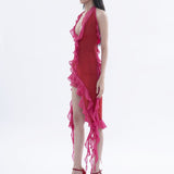 Billlnai Women Mini Dress Y2K Backless Ruffles Patchwork Tassels Mesh See Through Dress Night Party Club Vestidos