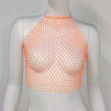 Billlnai Shiny Diamonds Halter Bandage Hollow Out Camis Backless Fishnet Crop Tops Summer Fashion Party Clubwear See Through Camisole