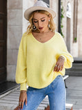 billlnai  Graduation Party Minimalist v neck women thin sweater casual Lantern sleeve loose yellow color jumper Office soft female knitted pullover