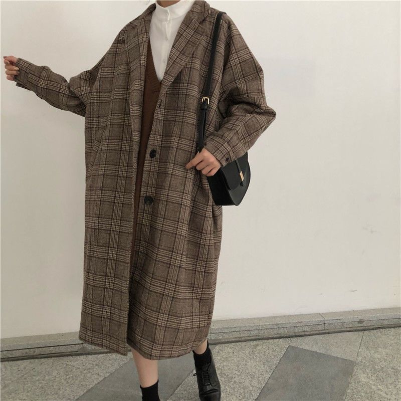 Billlnai Woolen Coat Windbreaker Women's Plaid Autumn Winter 2023 New Korean Mid-Length Elegant Woolen Coat Female High Street Jackets