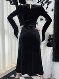 Halloween Big Sale Billlnai Gothic Black Velvet Split Dress For Women Streetwear Long Sleeve Lace Patchwork Sexy Dress Elegant Party Club Lady Dress