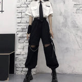 Billlnai 2023 Gothic Streetwear Women's Cargo Pants with Chain Punk Techwear Black Oversize Korean Fashion Wide Leg Trousers