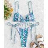 Billlnai MYTENG Floral Print String Bandage Bikini Set Swimwear Women Summer Sexy Push Up Bathing Suit Beachwear Halter Biqiuni Swimsuit