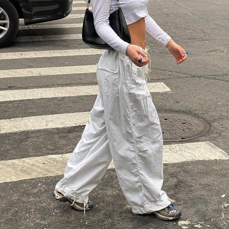 Billlnai  Casual Baggy Wide Leg Sweatpants White Loose Drawstring Low Waist Streetwear Cargo Pants Womens Hippie Joggers Trousers