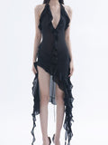 Billlnai Women Mini Dress Y2K Backless Ruffles Patchwork Tassels Mesh See Through Dress Night Party Club Vestidos