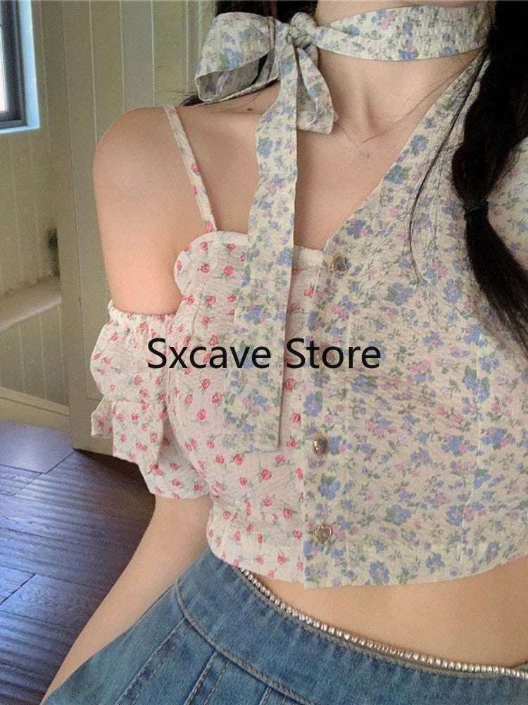 Billlnai 2023 Summer Floral Blouse Women Design Korean Style Y2k Crop Tops Female Casual French Vintage Elegant Shits Office Lady Chic
