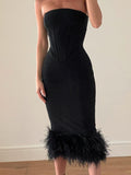 Billlnai Sexy Starpless Black Bodycon Party Club Dress For Women 2023Autumn Fashion Backless Chest Warpping Fur Hem Ladies Formal Dresses