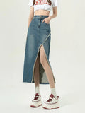 BIlllnai Denim Slit Skirt Korean Fashion Women High Waist Straight Split Raw Edge Slim Jean Long Skirt Vintage Streetwear Girl