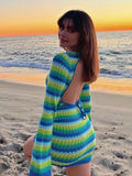 Knit Beach Dress For Women Sexy Stripe Backless Mini Dress Summer Y2K Fashion Long Seevele Club Party Dress 2023 Blue Outfits