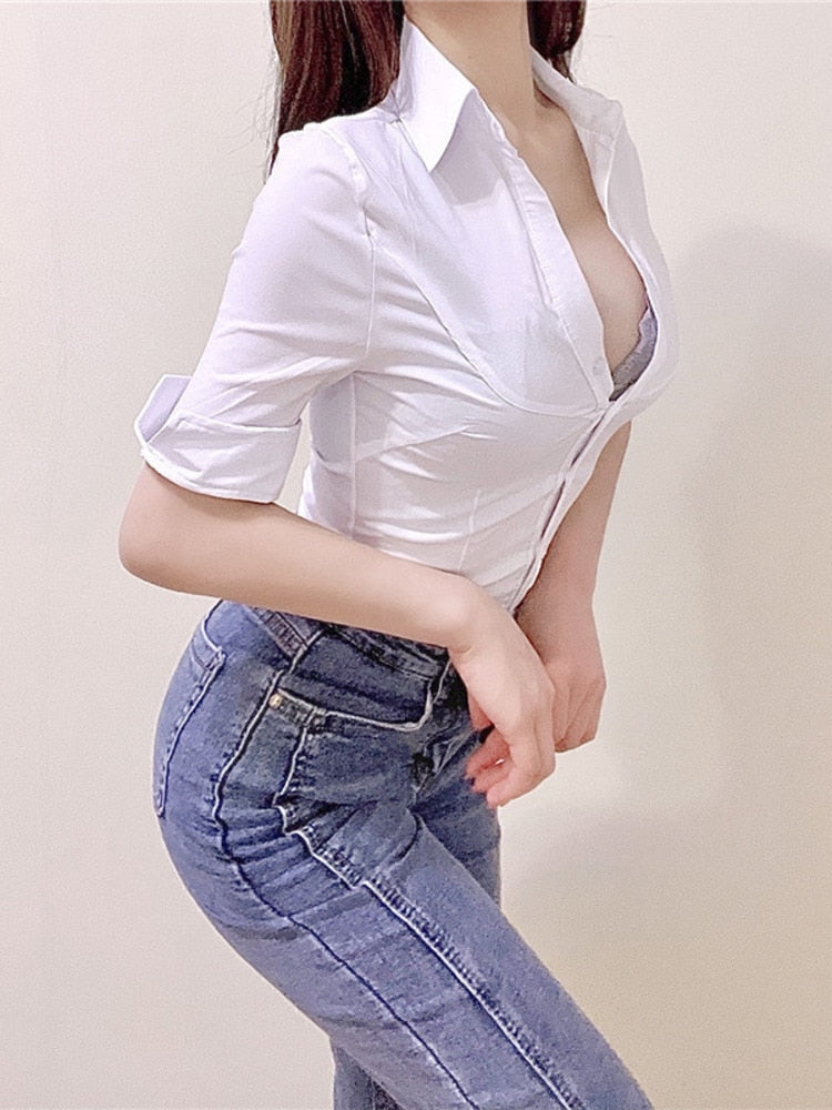 Billlnai V Neck Shirt Slim White Tops Office Lady Elegant Nightclub Cosplay Teacher Secretary Korean Sexy Women Short Sleeve Blouse  4G24