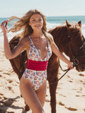 Billlnai Women Backless Bathing Suit Beachwear Vintage Print Monokini Sexy Bodysuit Ruffle One Piece Swimsuit Push Up Swimwear