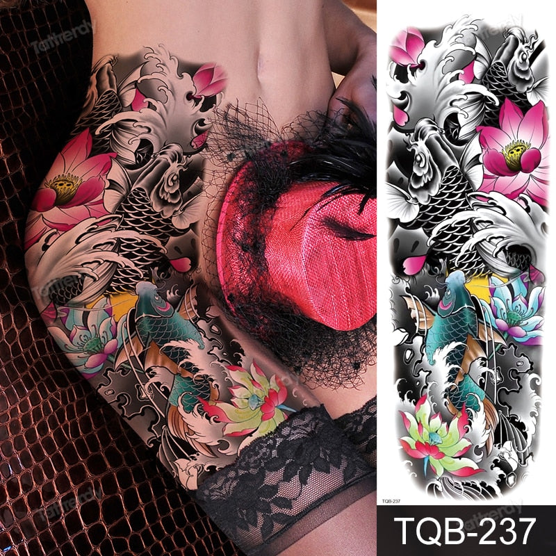 Billlnai Sexy Temporary Tattoo Large Body Art Thigh Leg Arm Sleeve Tattoo Sticker Fish Dragon Totem Lotus Peony Flower Tatoo Fake Water
