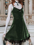 Helloween Big Sale Billlnai Goth Sexy Green Black Dress Women Velvet Retro Lace Aesthetic Summer Dress Harajuku Elegant High Waist A Line Dresses