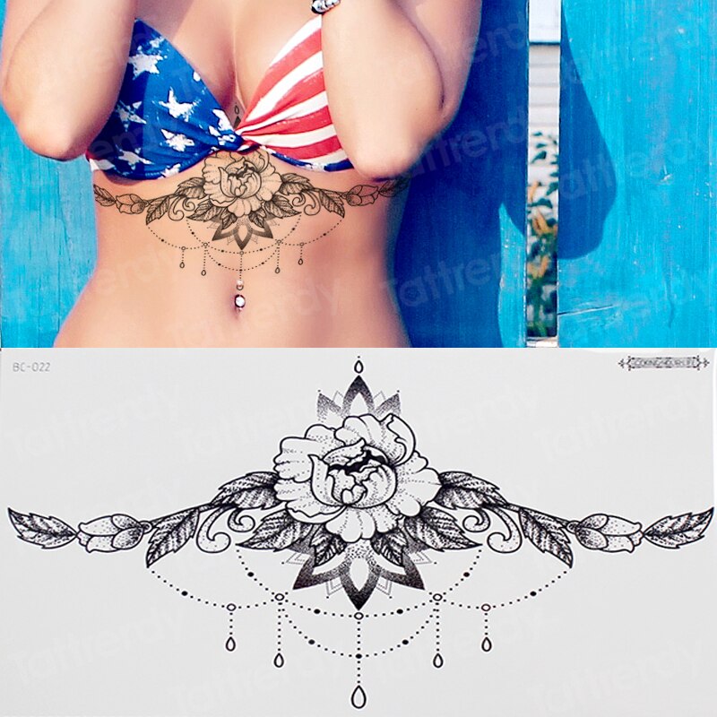Billlnai Sexy Tatoo Stickers For Girls Body Art Belly Stickers Jewel Tattoo Mandala Rose Flower Black Henna Tattoos Breast Chest Decal
