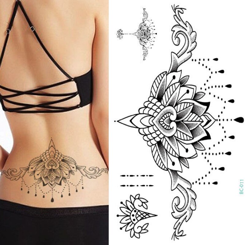 Billlnai Sexy Tatoo Stickers For Girls Body Art Belly Stickers Jewel Tattoo Mandala Rose Flower Black Henna Tattoos Breast Chest Decal