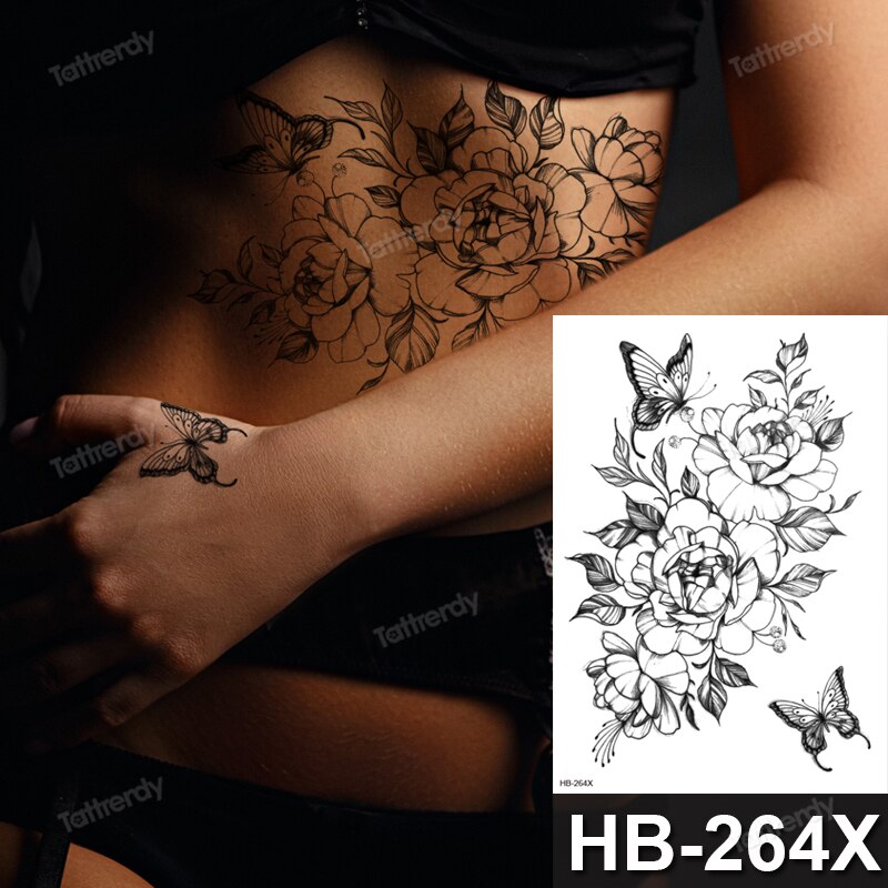 Billlnai Tattoo Sticker Flower Big Body Art Waterproof Temporary Sexy Thigh Tattoos For Woman Tattoo Fake Water Black Sketch Line Sleeve