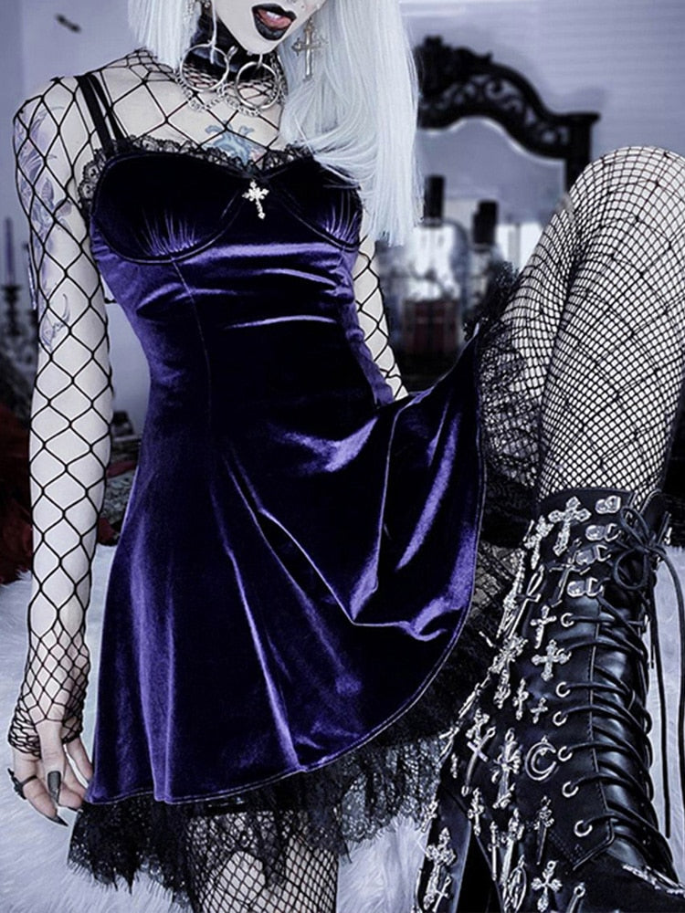Helloween Big Sale Billlnai Velvet Gothic Sexy Black Purple Dress Vintage Lace Sleeveless Dress Cross Aesthetic Elegant High Waist Club Party Dress