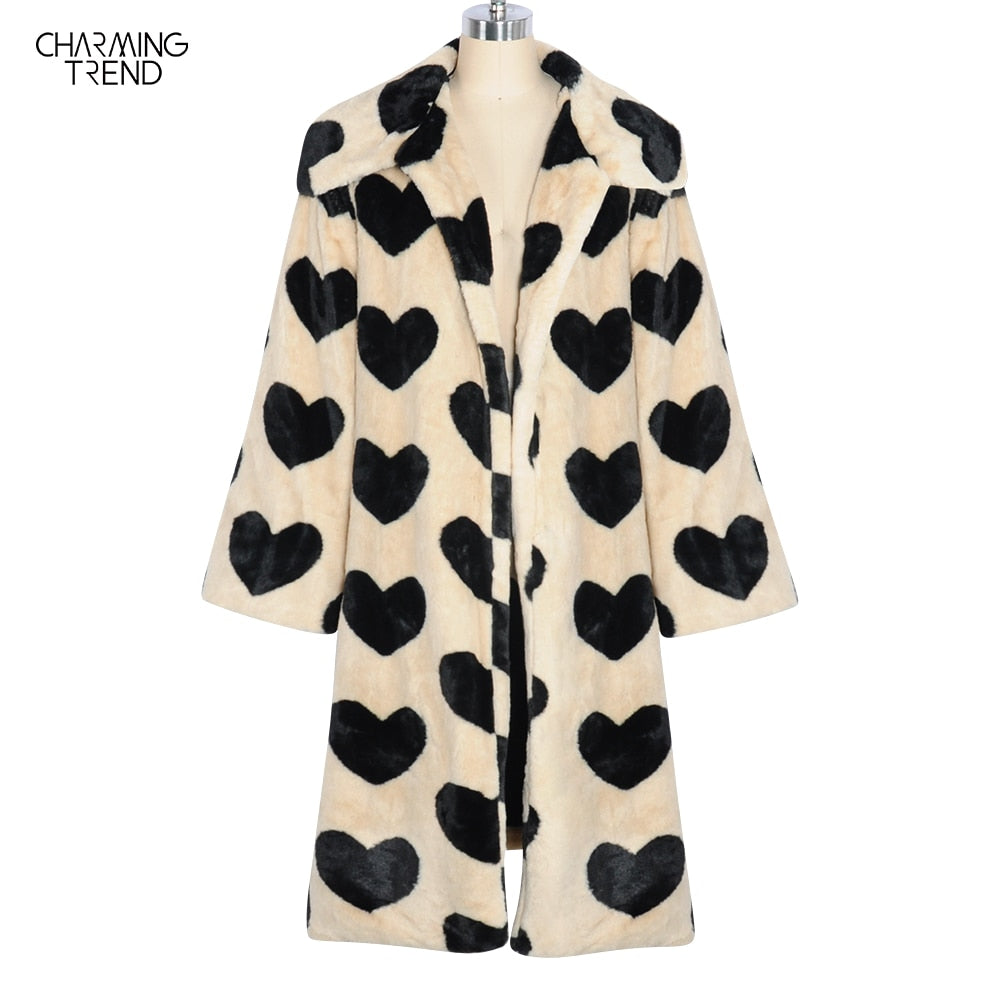 2023 Winter Women Warm Faux Fur Coat Love Pattern Women Long Coat Turn Down Collar Women Warm Plush Coat Classic Coat Loose
