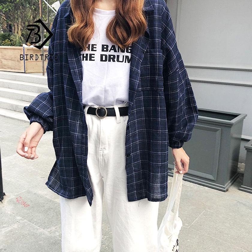 2023 New Woman Vent Vintage Plaid Shirt Single Breasted Turn down Collar Cotton Long Sleeve Button Feminina Sales T8D512Z 1111