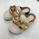 New Brand Design Gold Chain Women Slipper Closed Toe Slip On Mules Shoes Round Toe Low Heels Casual Slides Flip Flop