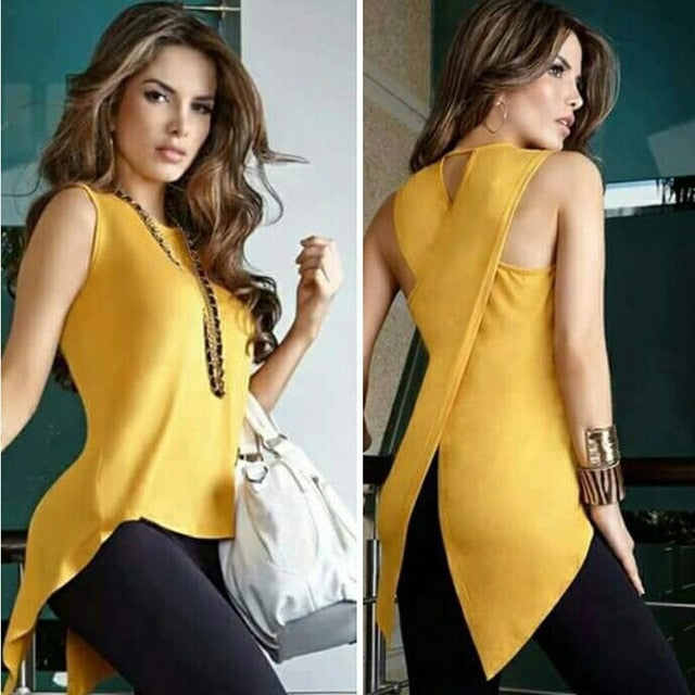Women Sexy Sleeveless O Neck Tops Casual Slim Fit Irregular Patchwork Solid Blouse Plus Size