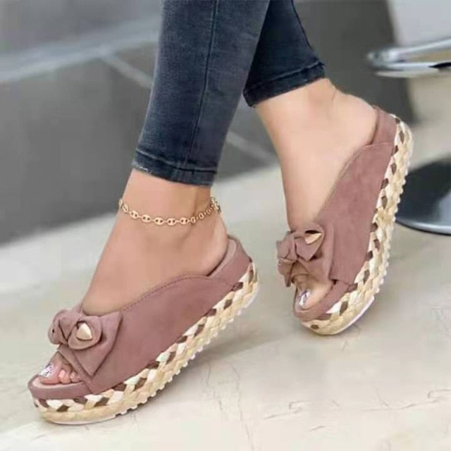Billlnai 2023 Summer Women Slippers Casual Solid Color Bowknot Female Platform Slider Fashion Braided Straps Outdoor Lady Sandals